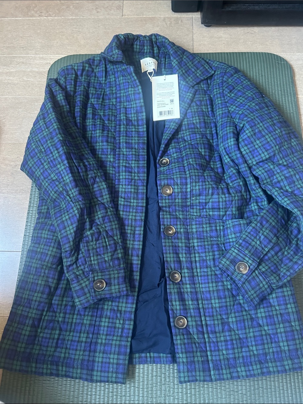 Sezane Blue and Green Quilted Plaid Shirt Jacket - NWT / XS